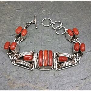 Sterling Silver Mediterranean Red Coral Bracelet Native American Style